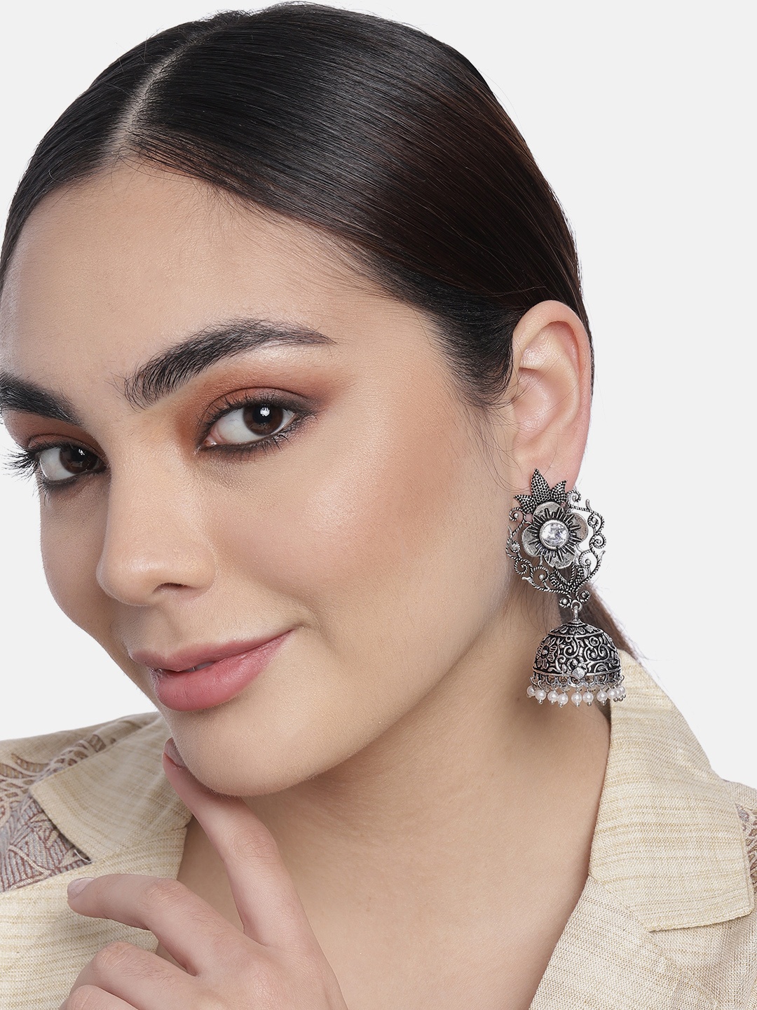 

LAIDA Silver-Toned Oxidized Dome Shaped Jhumkas Earrings