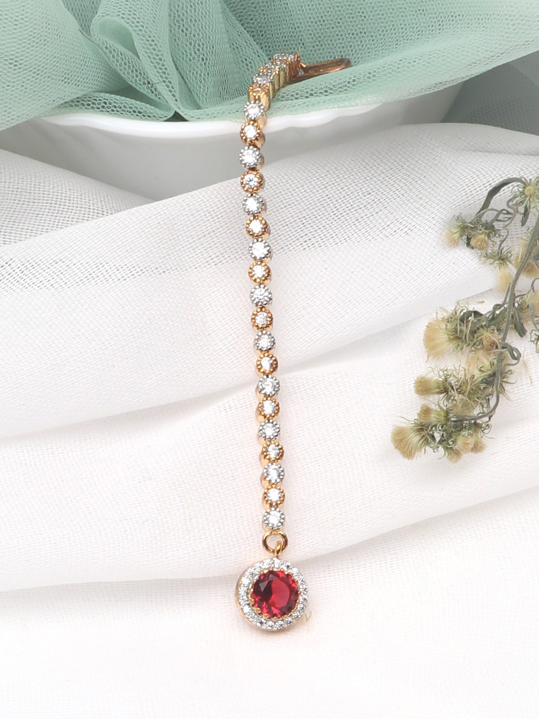 

LAIDA Gold-Plated White Cubic Zirconia AD Studded Ruby Drop Maangtikka
