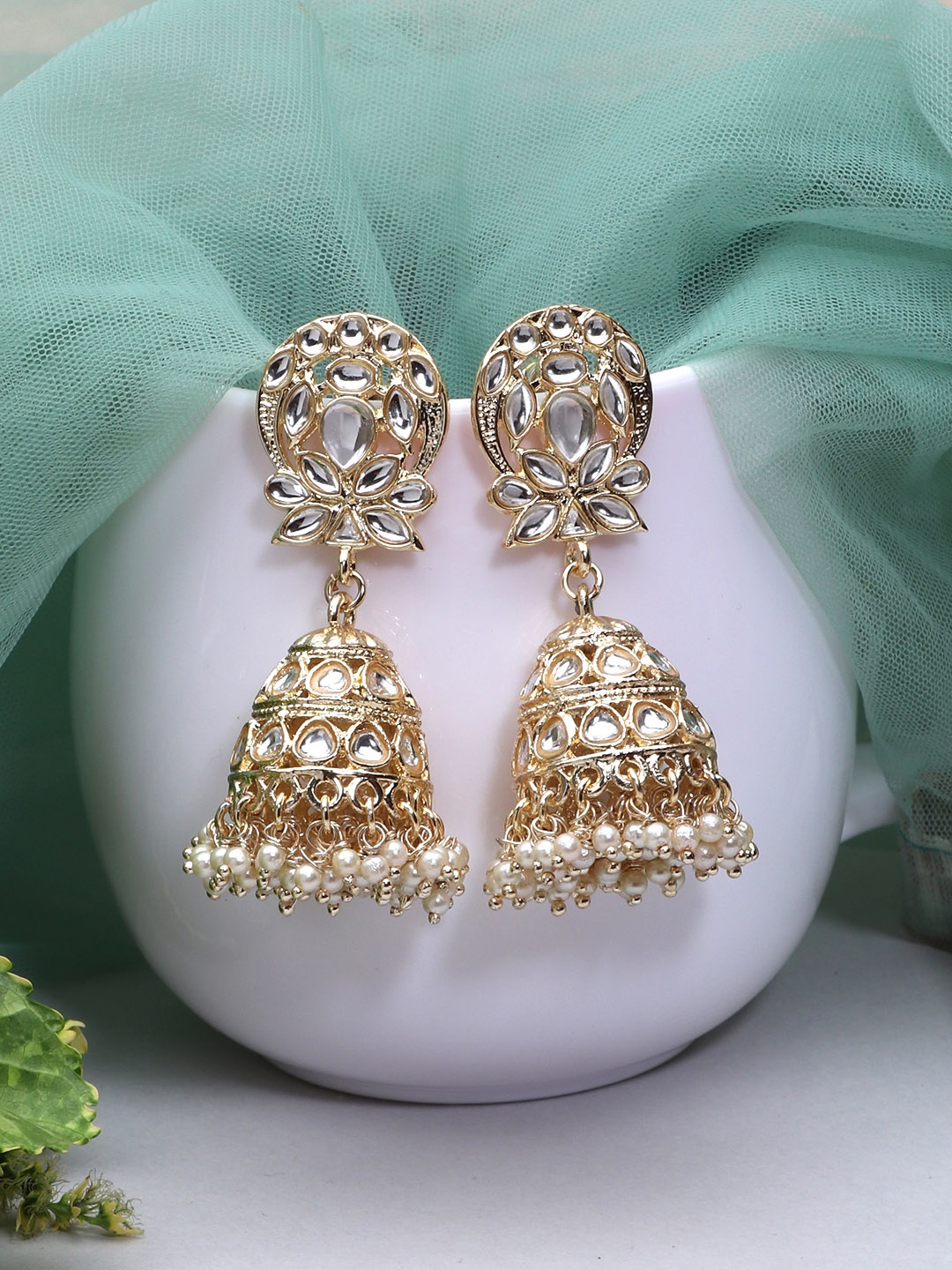 

LAIDA Gold-Toned & Off White Dome Shaped Jhumkas Earrings