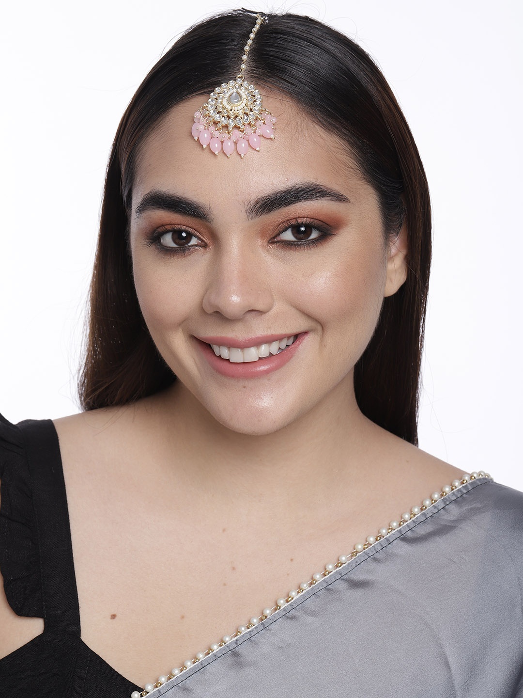 

LAIDA Gold-Plated White & Pink Kundan & Pearl Beaded Maang Tikka