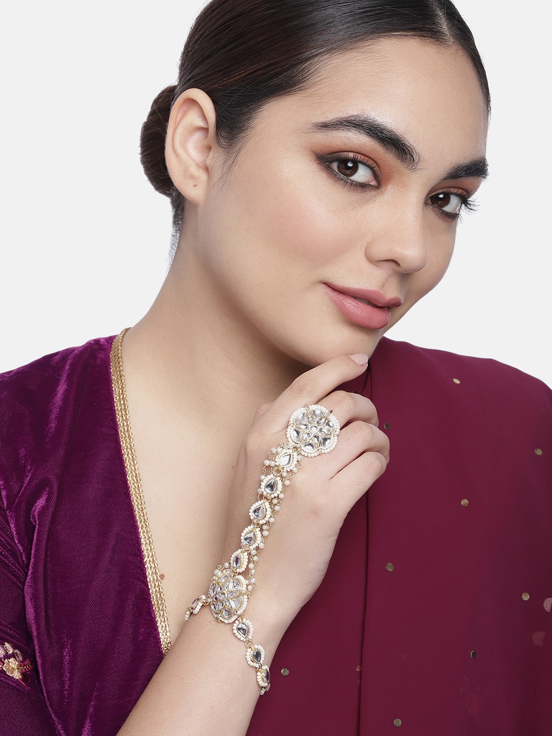 

LAIDA Women Gold-Plated White Kundan & Pearls Studded Ring Bracelet