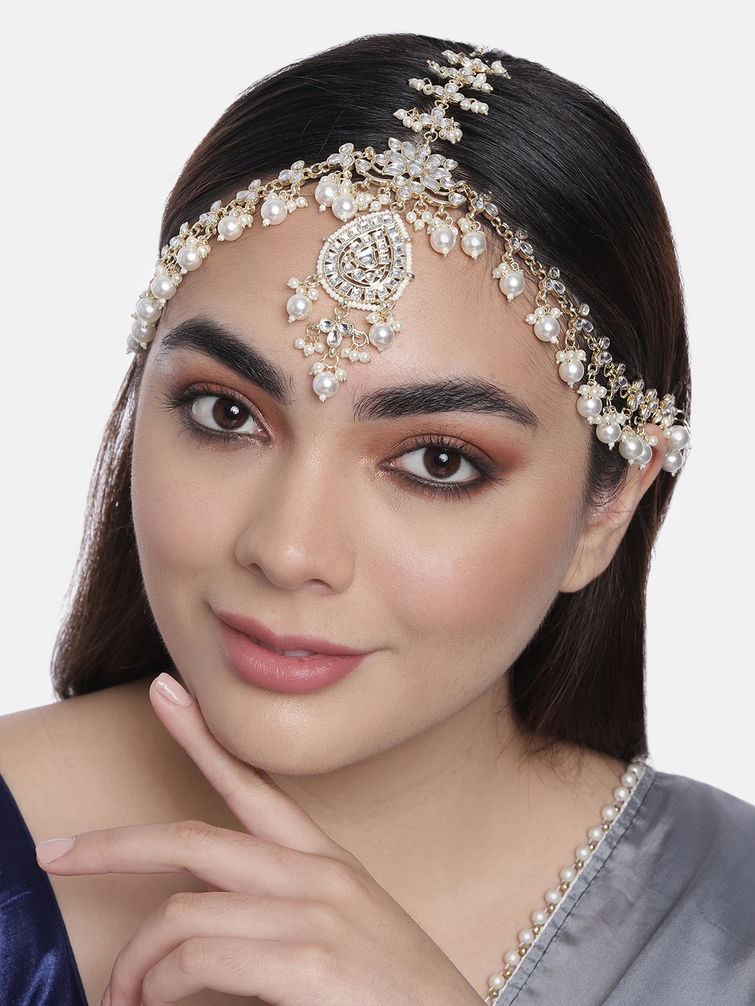 

LAIDA Gold-Plated White Kundan-Studded & Beaded Sheeshphool