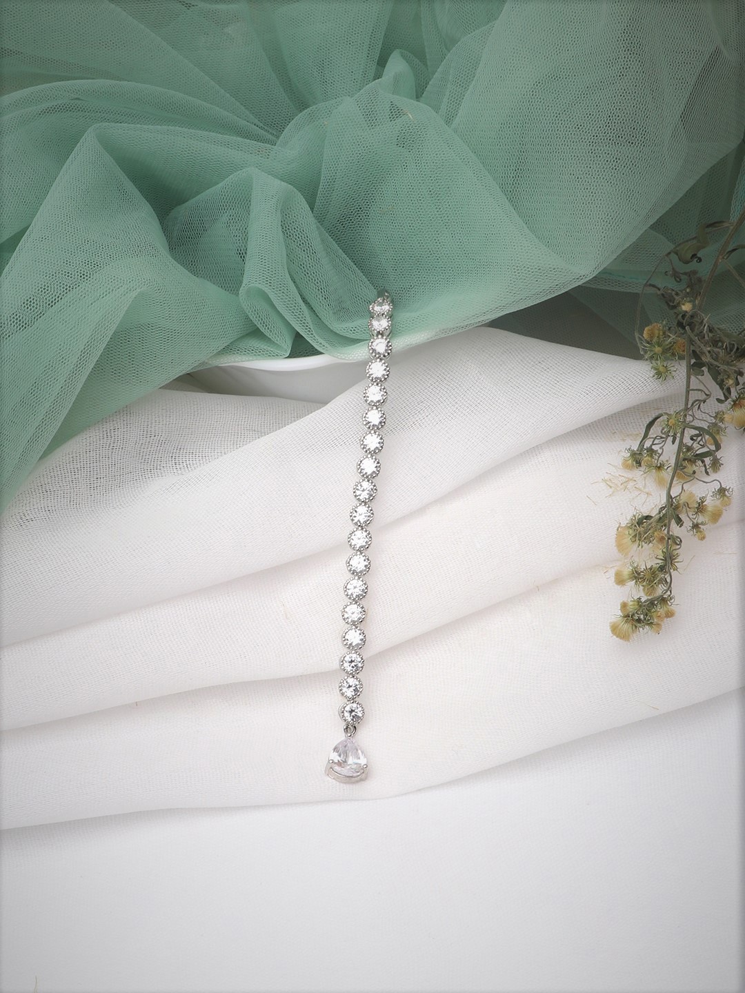 

LAIDA Silver-Plated White Cubic Zirconia AD Studded Tear Drop Maangtikka