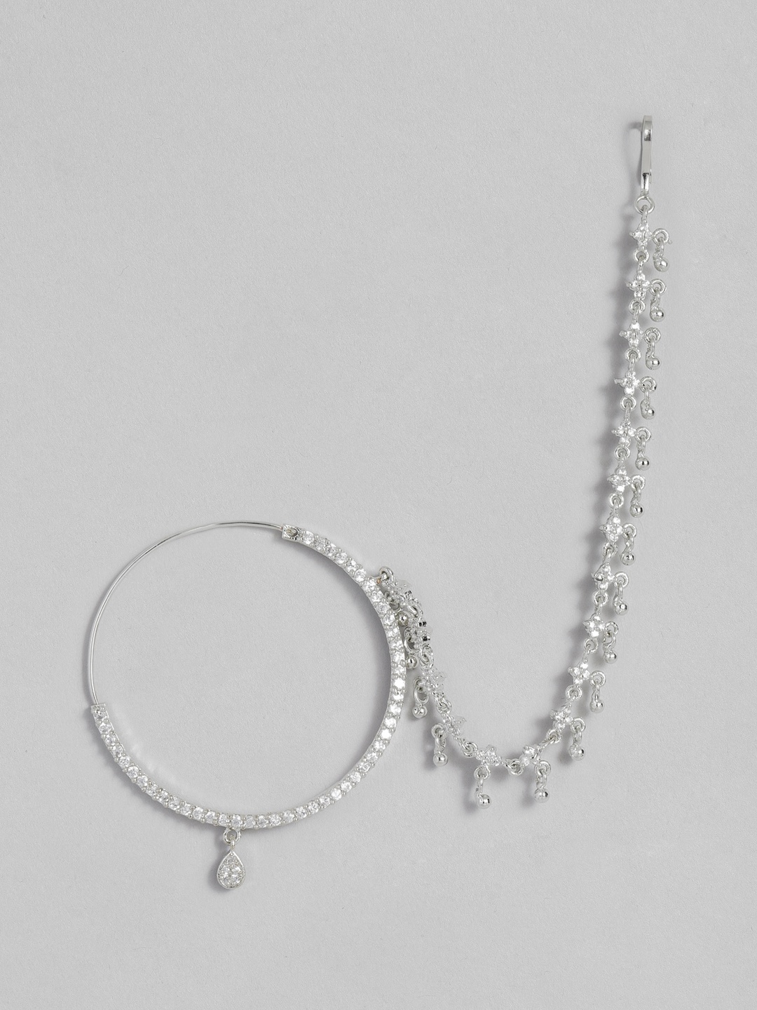 

LAIDA Silver-Plated AD-Studded Round Nosepin With Chain