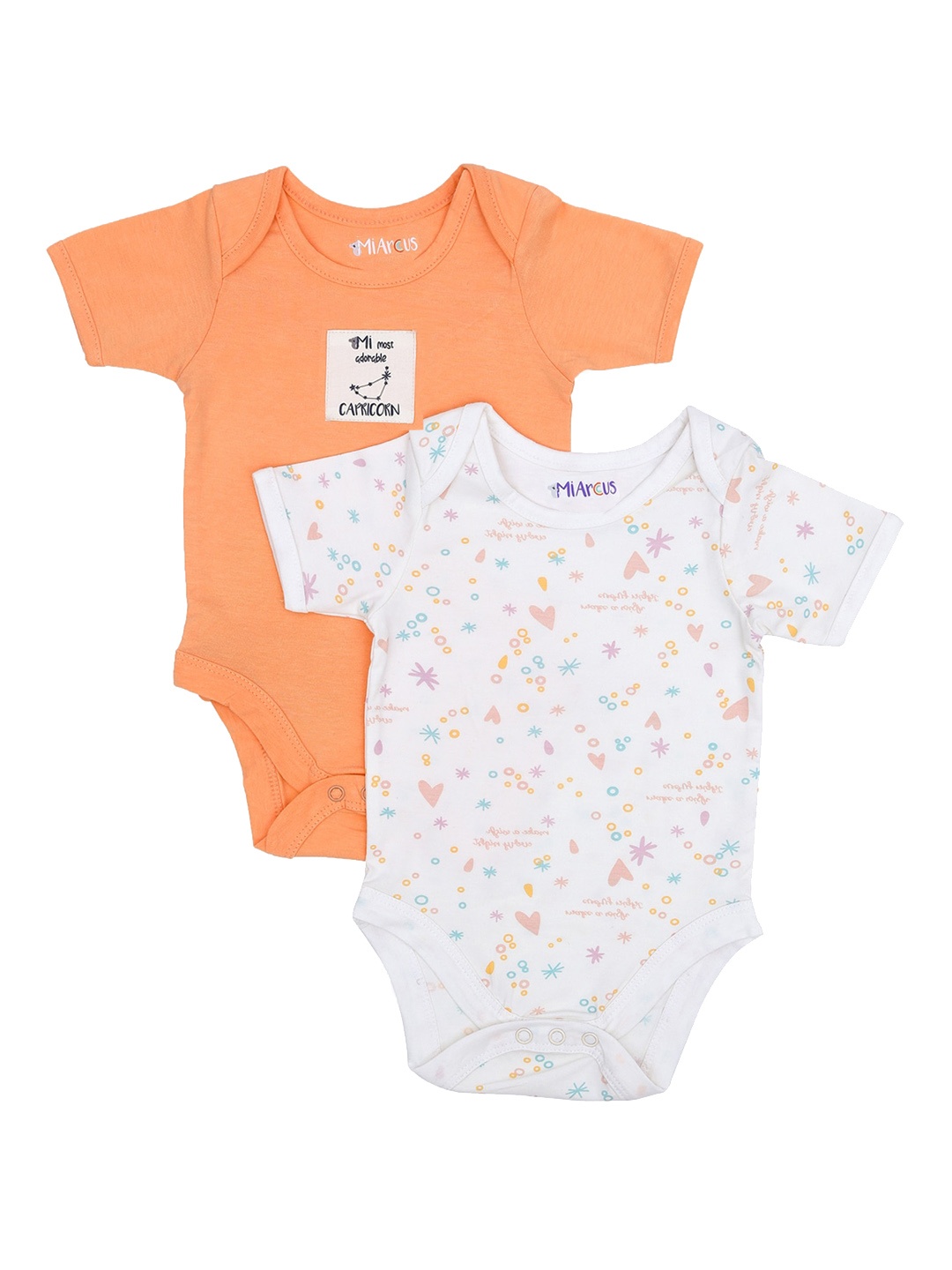 

MiArcus Infants Pack Of 2 White and Orange Printed Pure Cotton Bodysuits