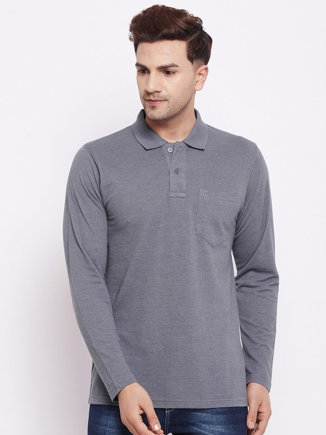 

Camey Men Grey Melange Polo Collar T-shirt