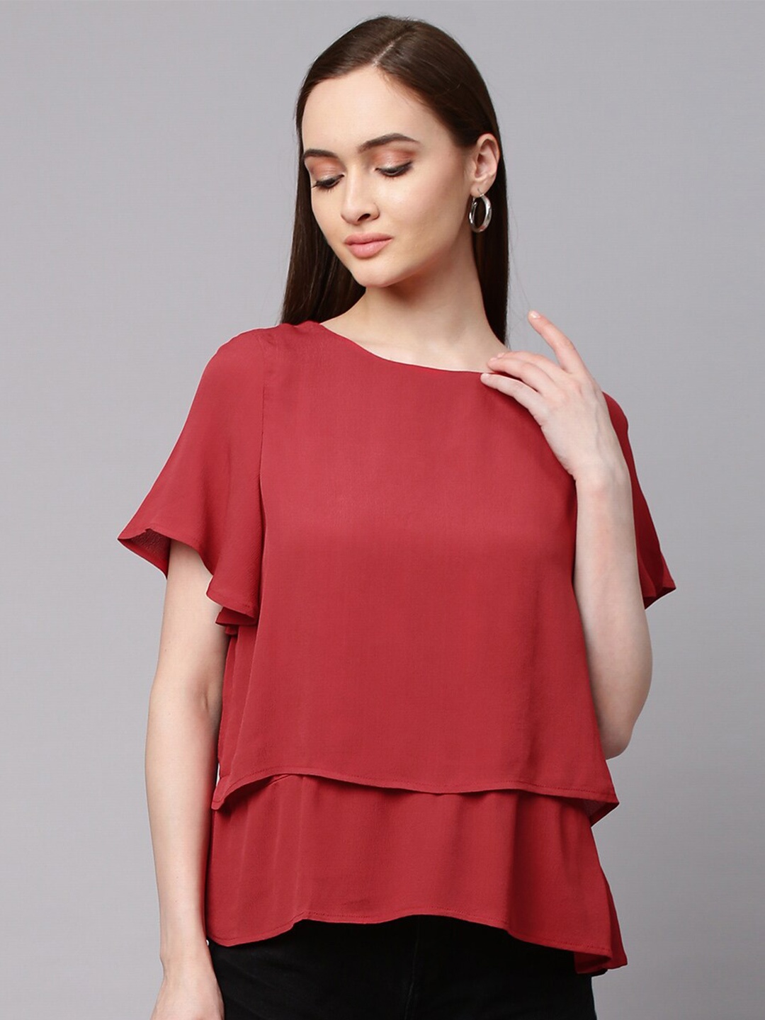 

Chemistry Rust Keyhole Neck Crepe Top