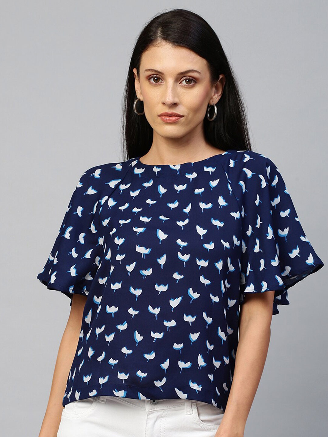 

Chemistry Navy Blue Print Crepe Styled Back Top