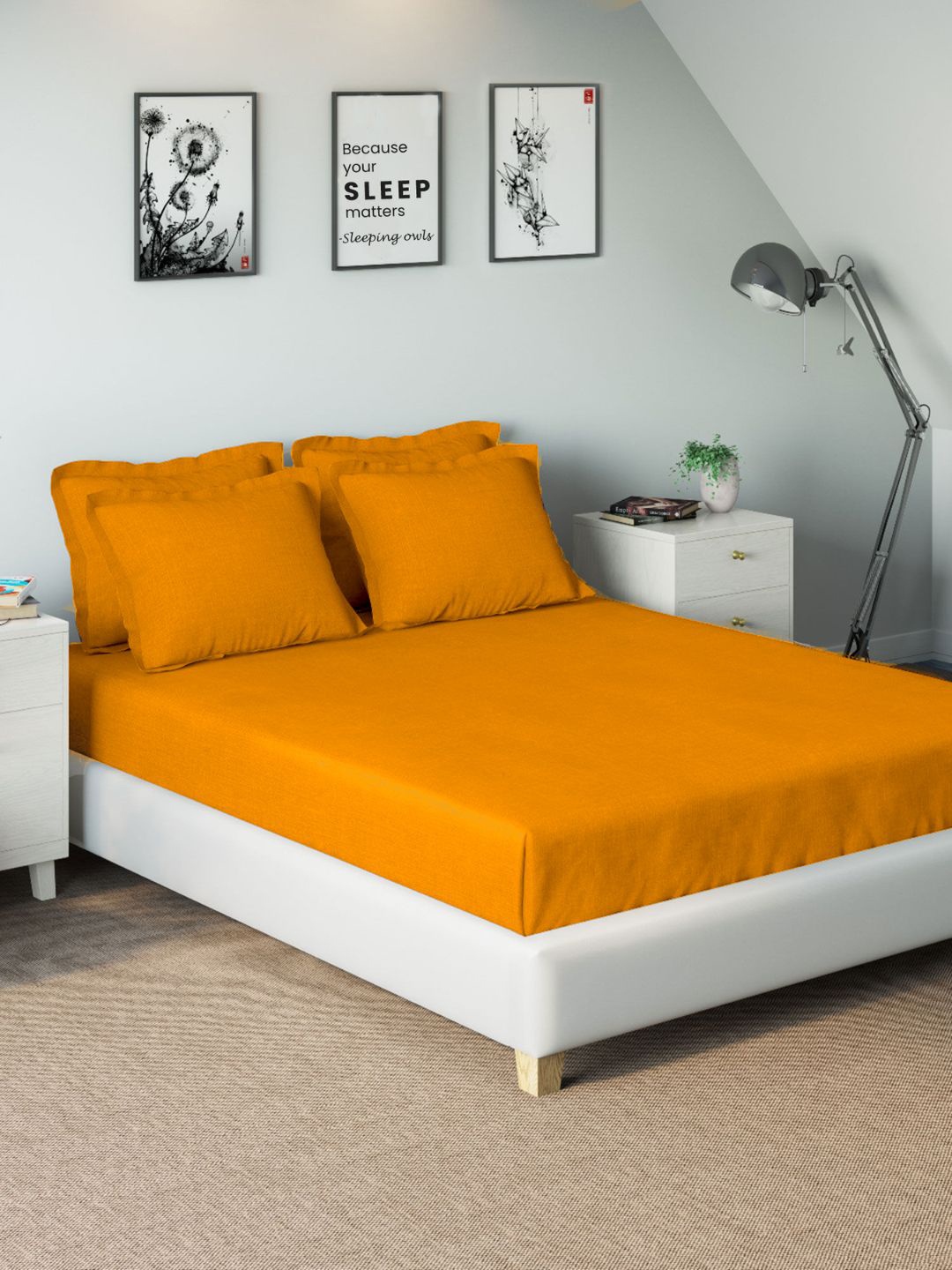 

Sleeping Owls- because your sleep matters Orange 210 TC King Bedsheet