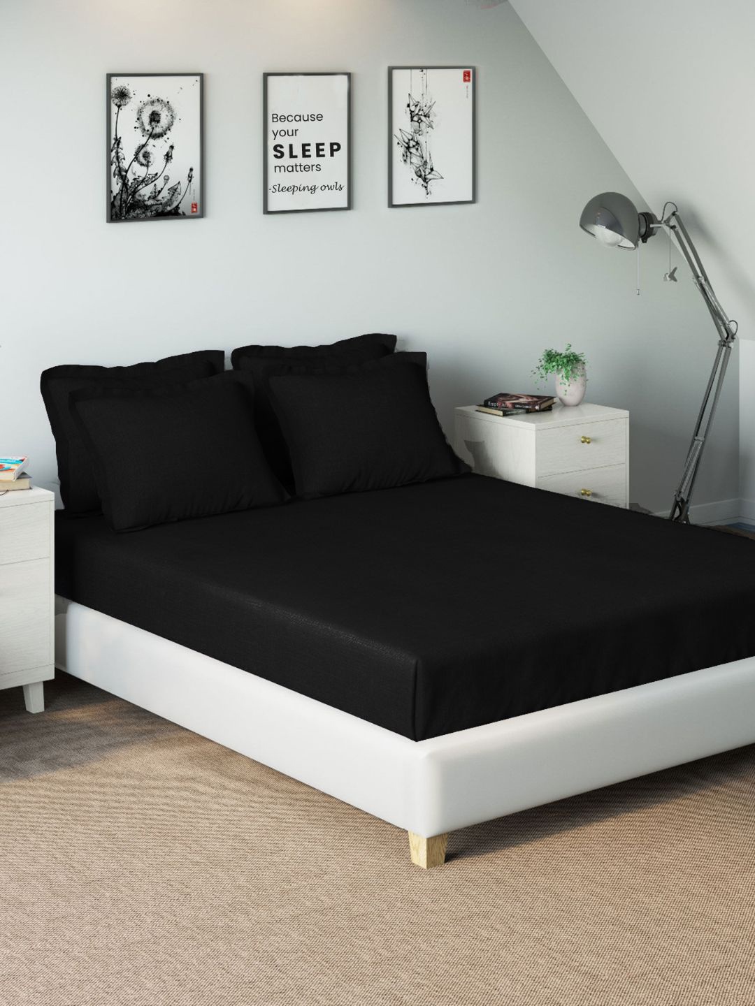 

Sleeping Owls- because your sleep matters Black 210 TC King Bedsheet