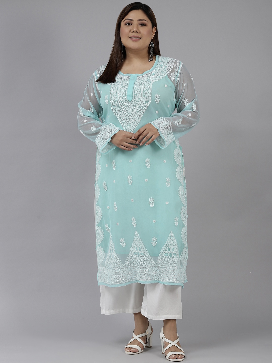 

ADA Women Turquoise Blue Ethnic Motifs Embroidered Chikankari Georgette Kurta with Slip