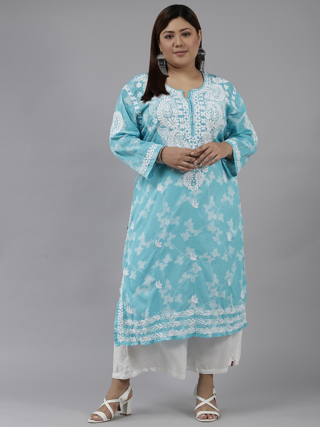 

ADA Women Turquoise Blue & White Ethnic Motifs Embroidered Chikankari Kurta
