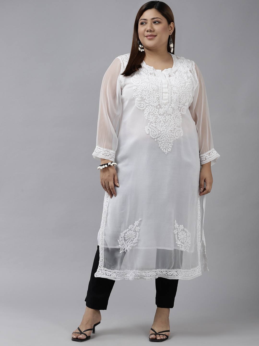 

ADA Women White Ethnic Motifs Embroidered Chikankari Georgette Kurta with Slip