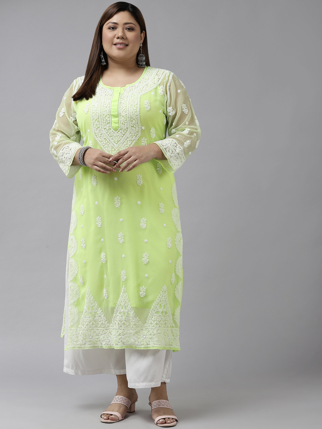

ADA Women Plus Size Green Ethnic Motifs Embroidered Chikankari Georgette Kurta with Slip