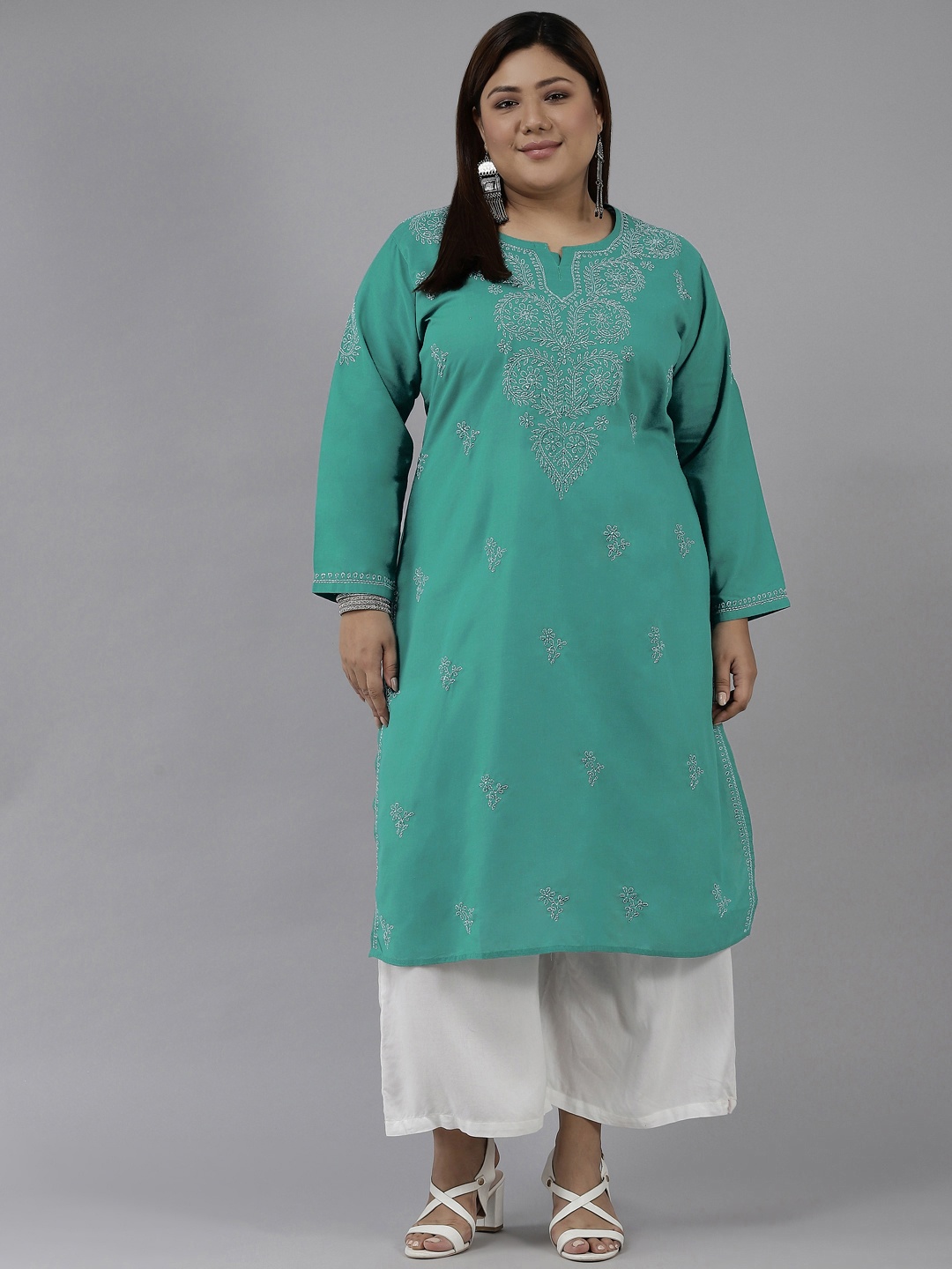 

ADA Women Green Ethnic Motifs Embroidered Chikankari Plus Size Kurta