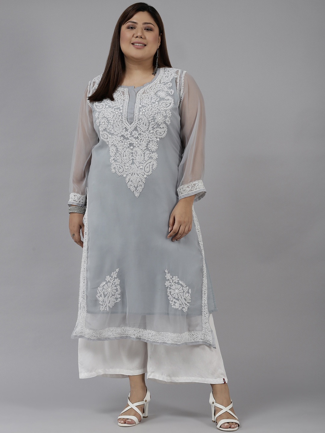

ADA Women Grey & White Ethnic Motifs Plus Size Chikankari Georgette Kurta with Slip