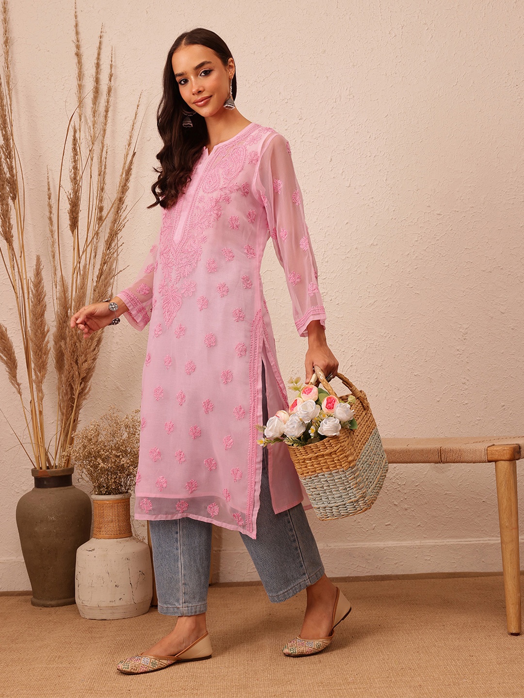 

ADA Women Pink Ethnic Motifs Plus Size Chikankari Georgette Kurta with Slip