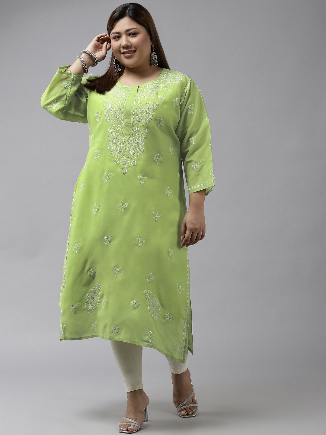 ADA Women Green Ethnic Motifs Plus Size Chikankari Kurta
