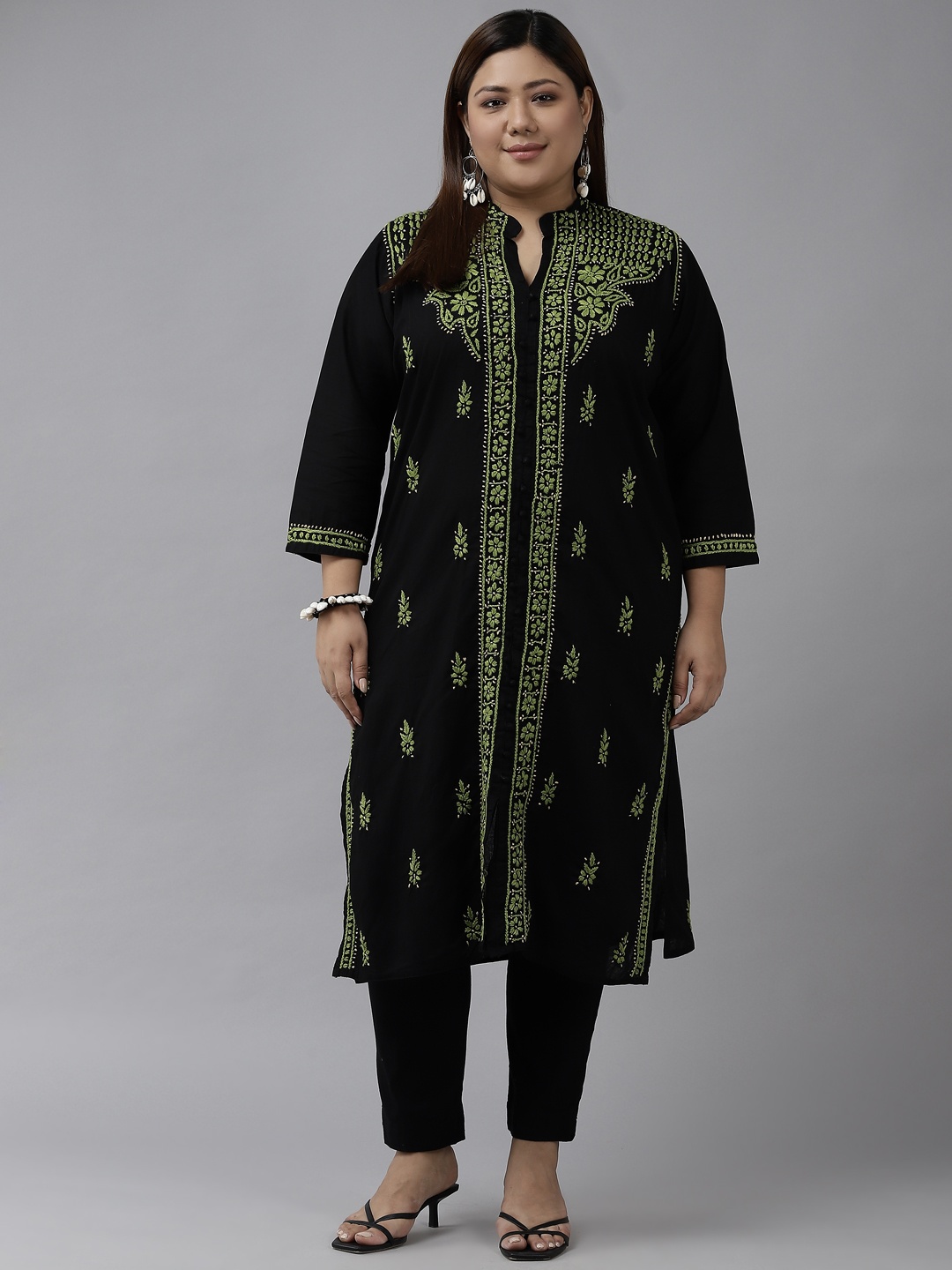 

ADA Women Black & Green Ethnic Motifs Plus Size Chikankari Kurta