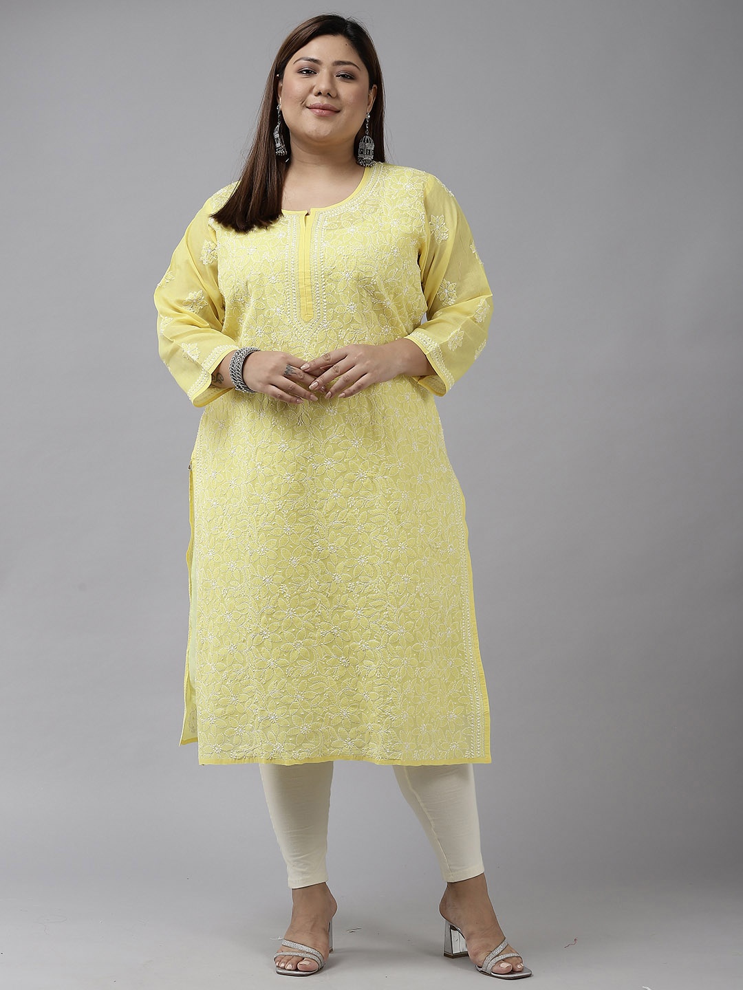 

ADA Women Yellow Ethnic Motifs Plus Size Chikankari Kurta