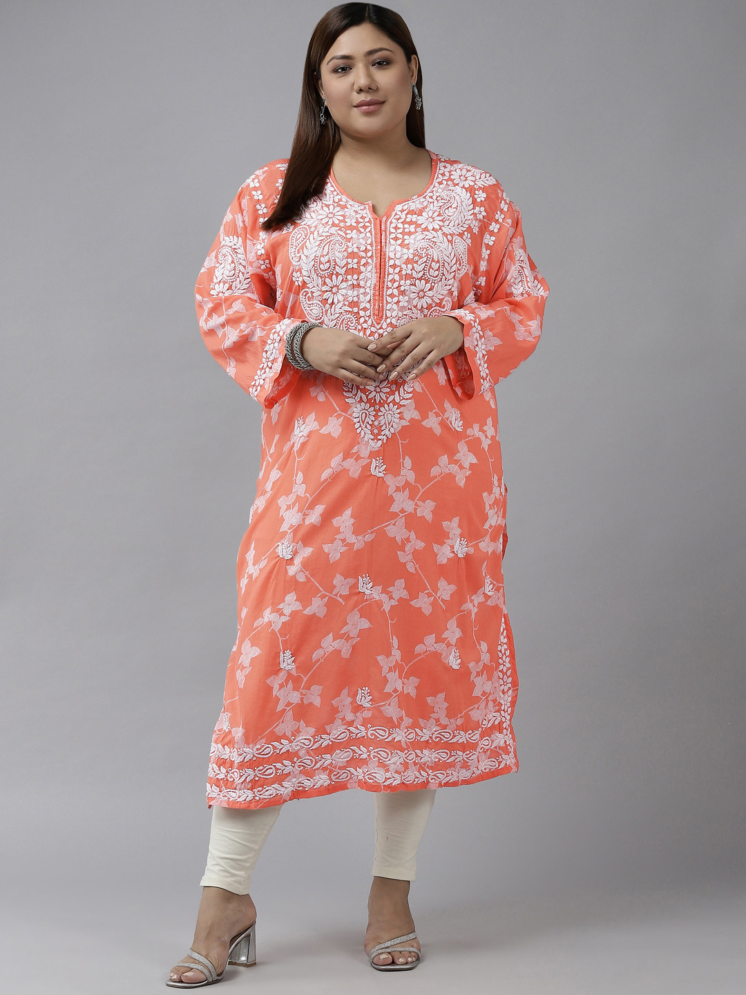 

ADA Women Orange & White Ethnic Motifs Plus Size Chikankari Kurta