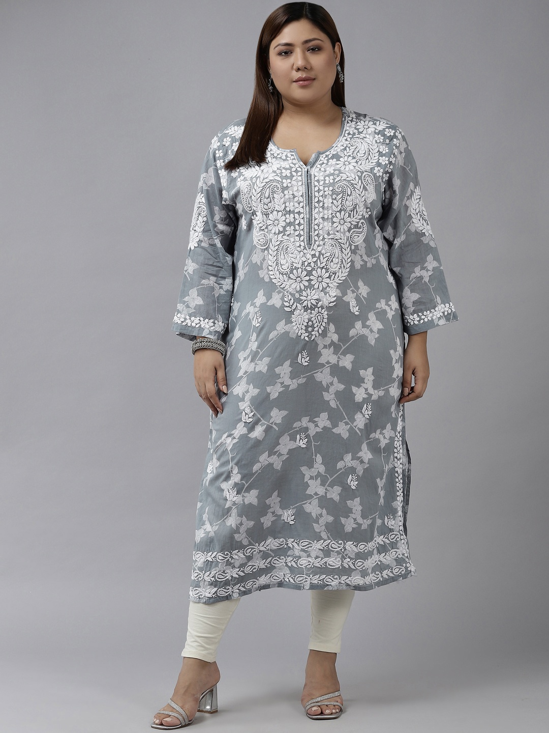 ADA Women Grey & White Ethnic Motifs Plus Size Chikankari Kurta
