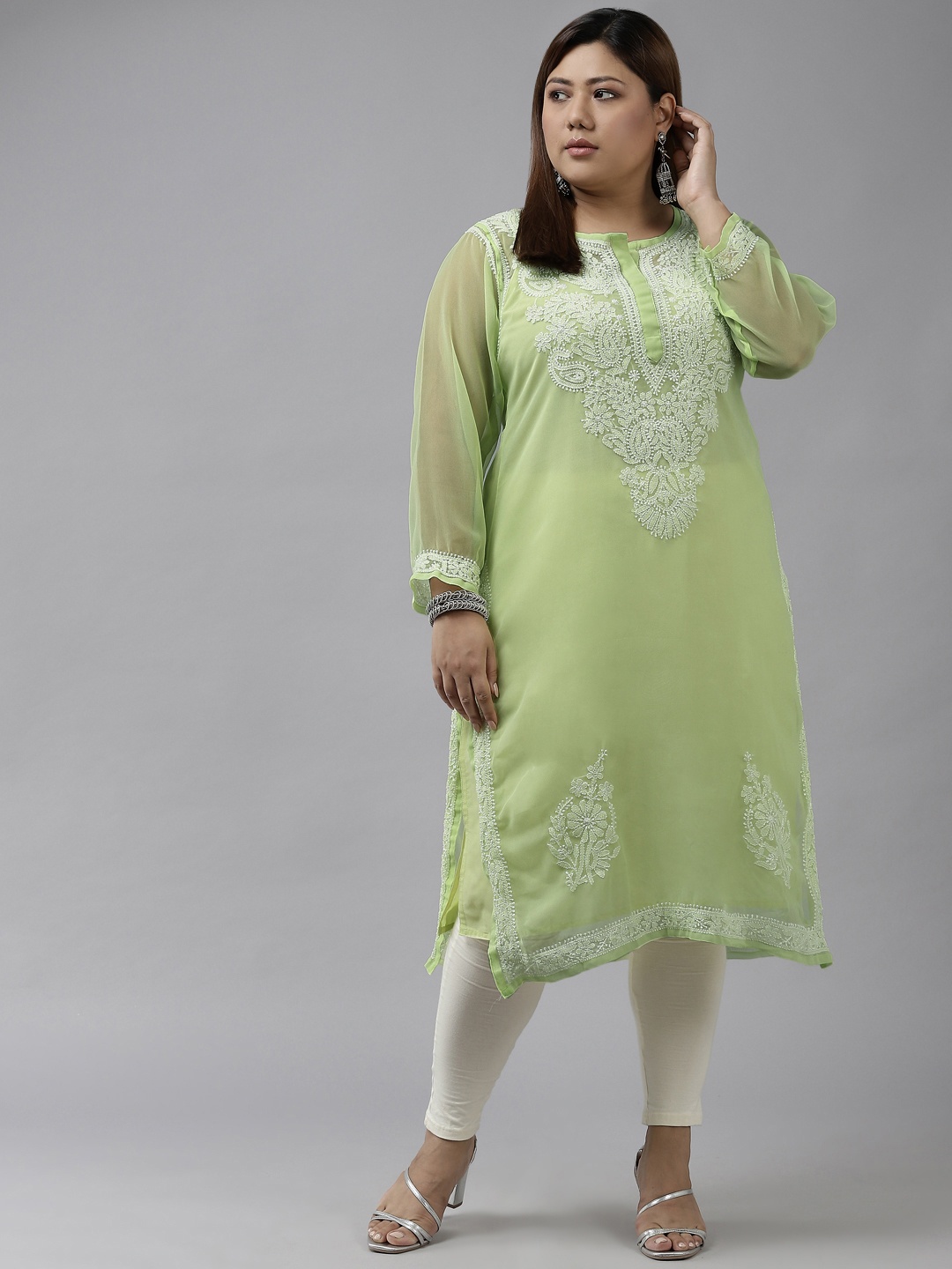 

ADA Women Green Ethnic Motifs Plus Size Chikankari Georgette Kurta with Slip