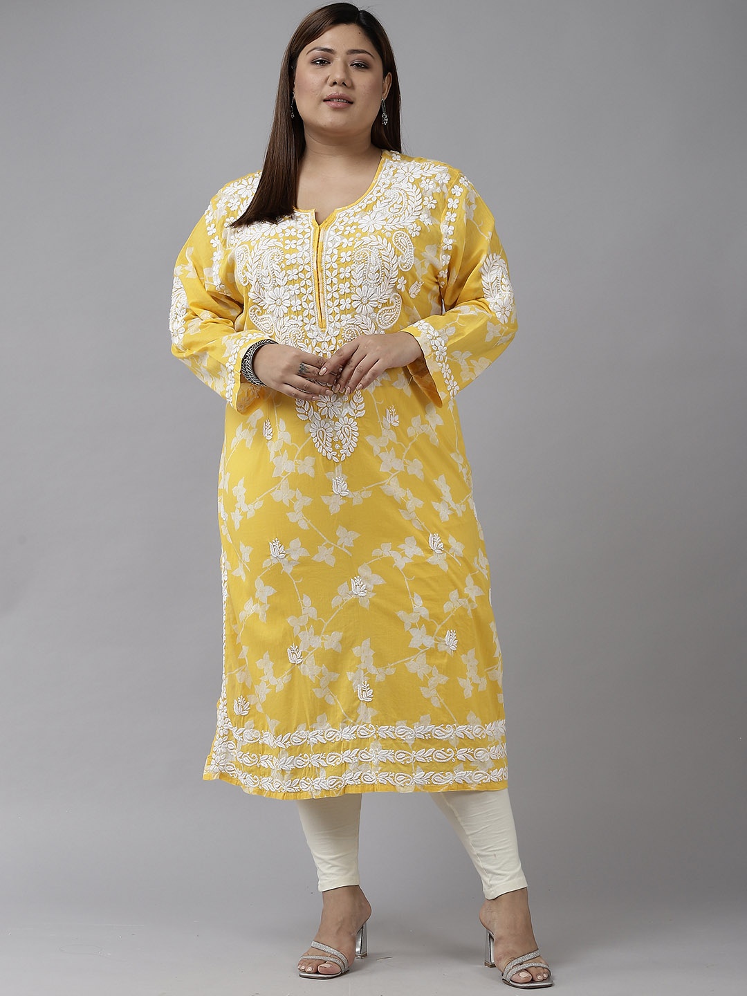ADA Women Yellow & White Ethnic Motifs Plus Size Chikankari Kurta