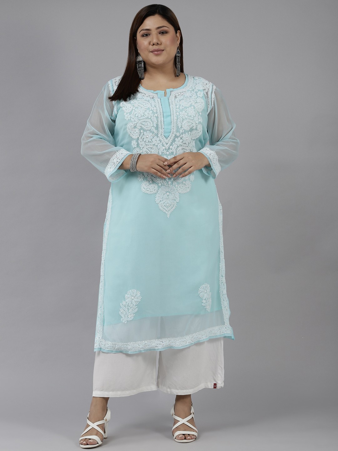 

ADA Women Turquoise Blue Ethnic Motifs Plus Size Chikankari Georgette Kurta with Slip