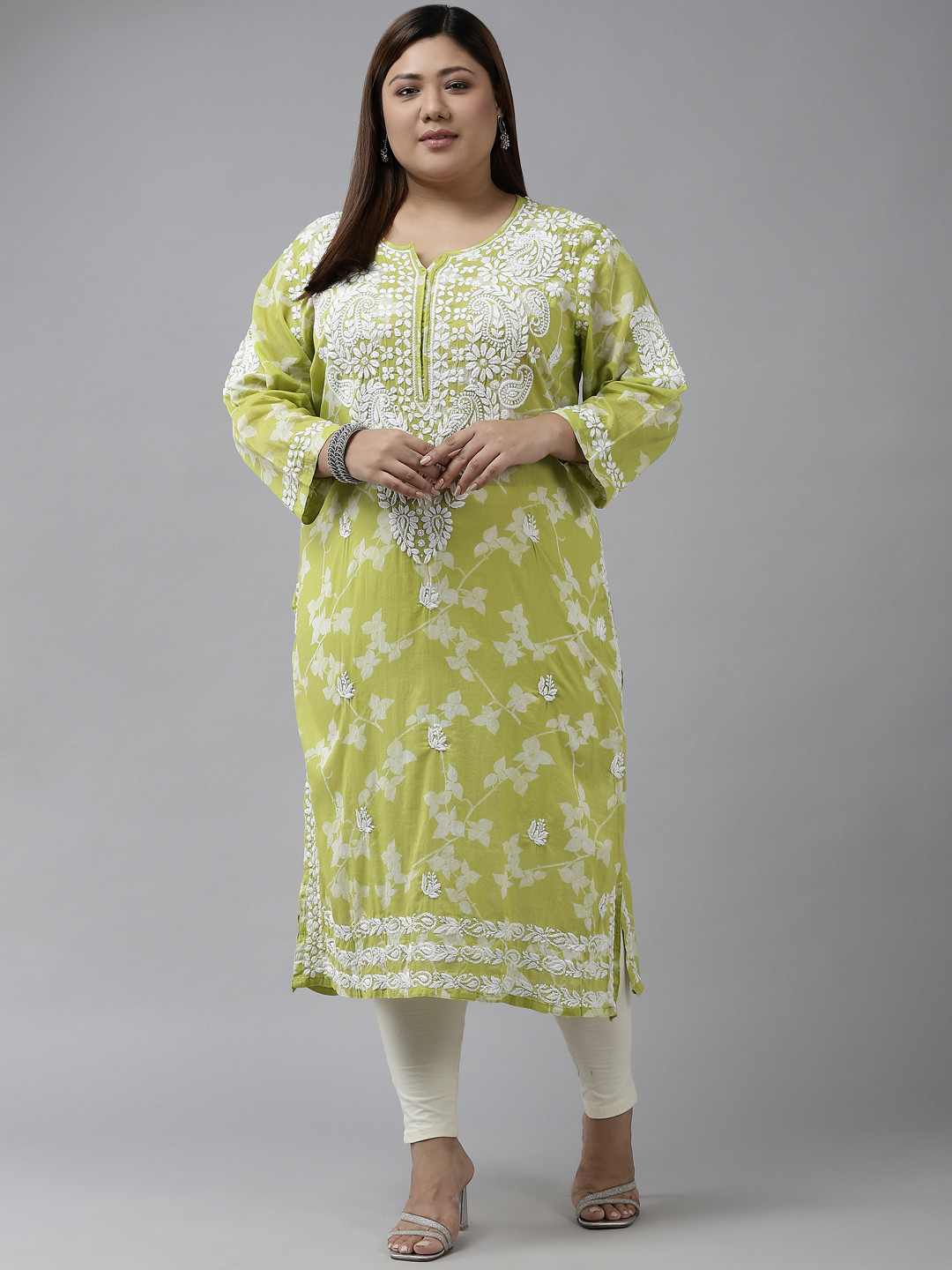 

ADA Women Green & White Ethnic Motifs Plus Size Chikankari Kurta