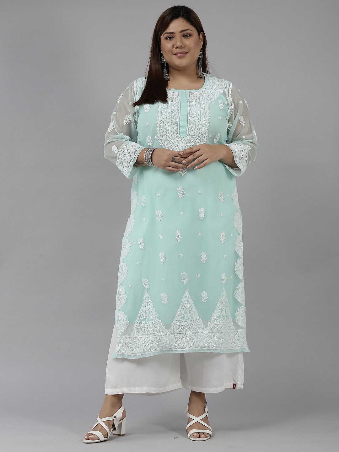 

ADA Women Sea Green Ethnic Motifs Embroidered Chikankari Georgette Kurta with Slip