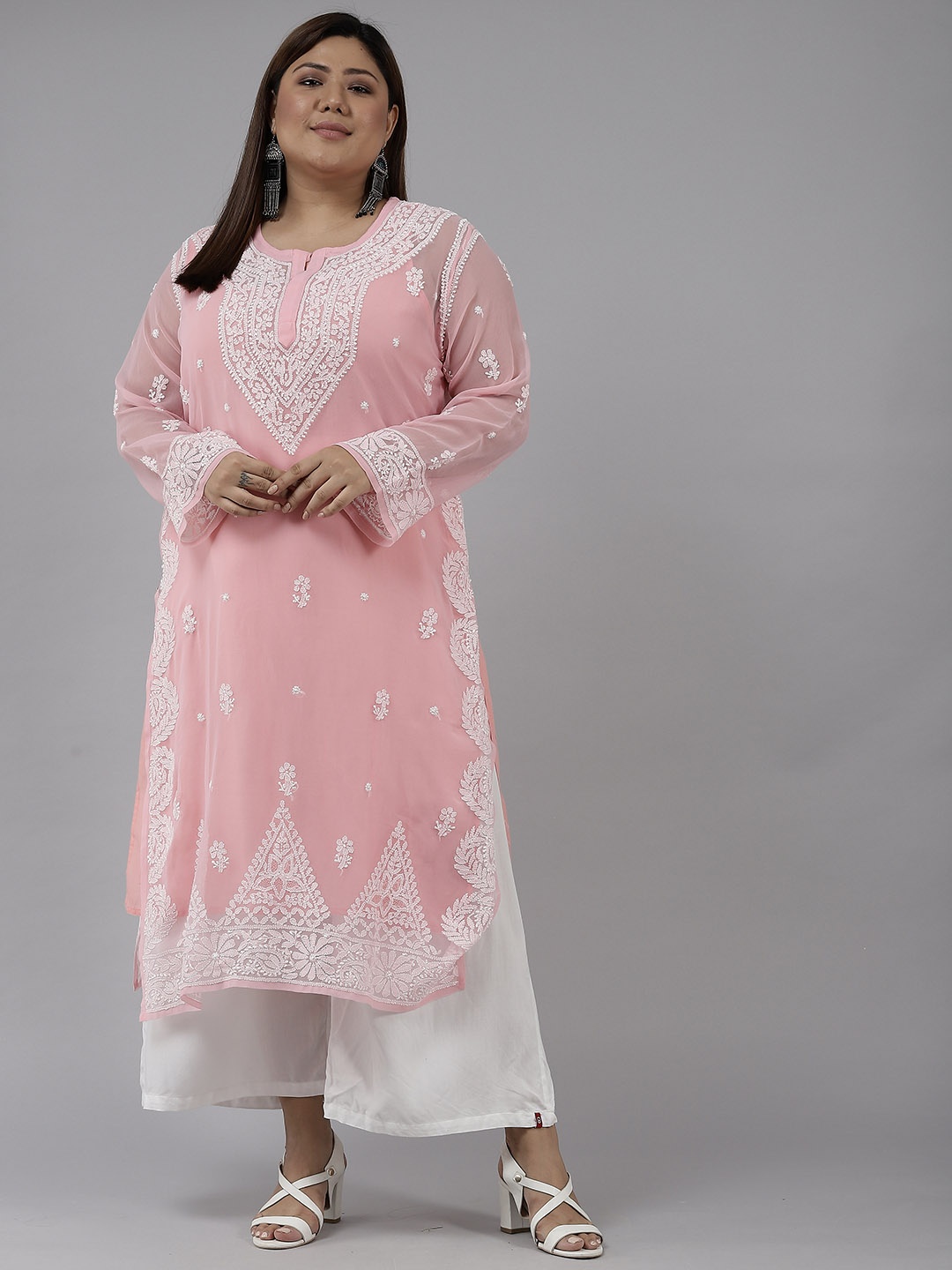 

ADA Women Peach-Coloured & White Chikankari Georgette Plus Size Kurta with Slip