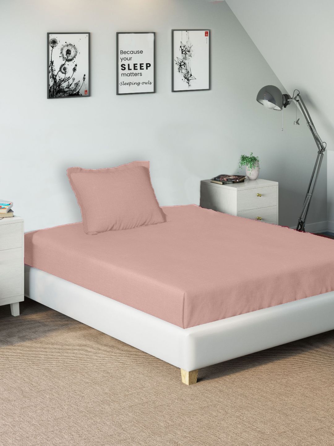 

Sleeping Owls- because your sleep matters Peach-Coloured 210 TC Bedsheet