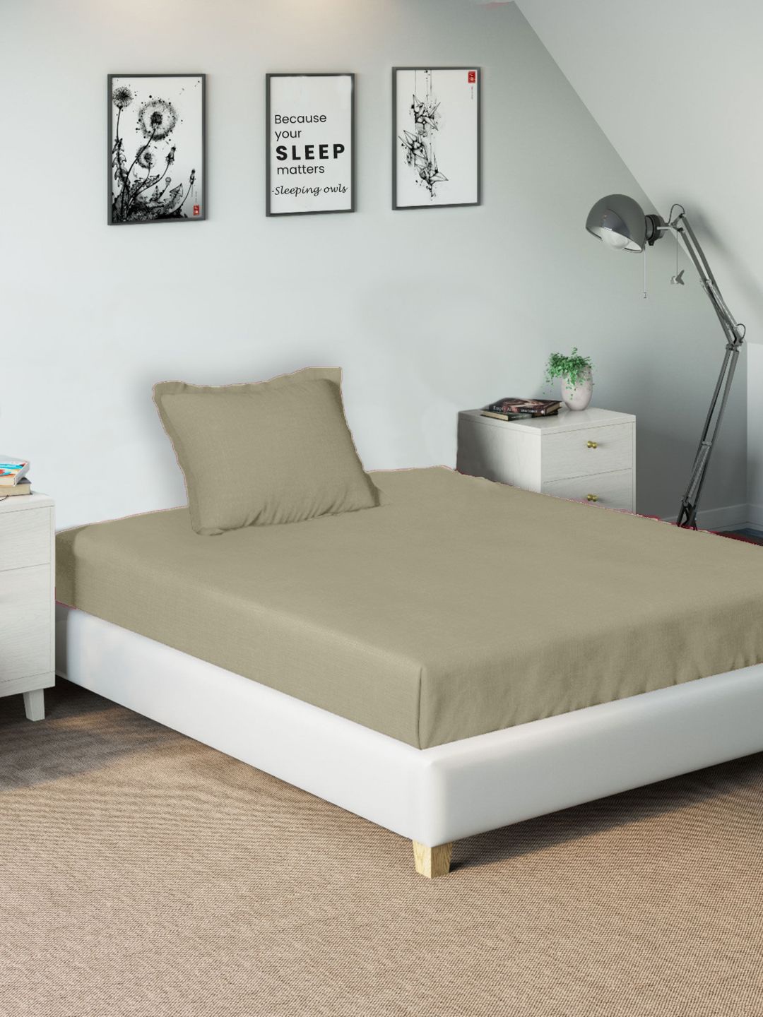 

Sleeping Owls- because your sleep matters Beige 210 TC Single Bedsheet