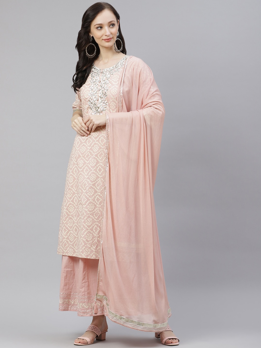 

Divena Women Pink Floral Embroidered High Slit Gotta Patti Pure Cotton Kurti with Palazzos & With Dupatta