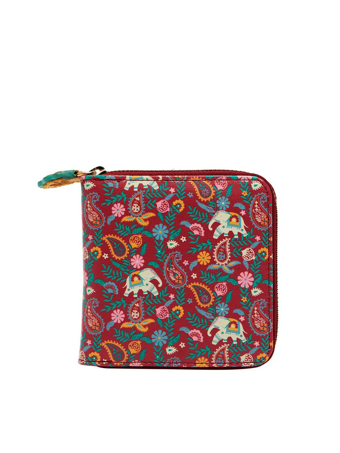 

Chumbak Women Maroon & Green Floral Printed Applique PU Two Fold Wallet