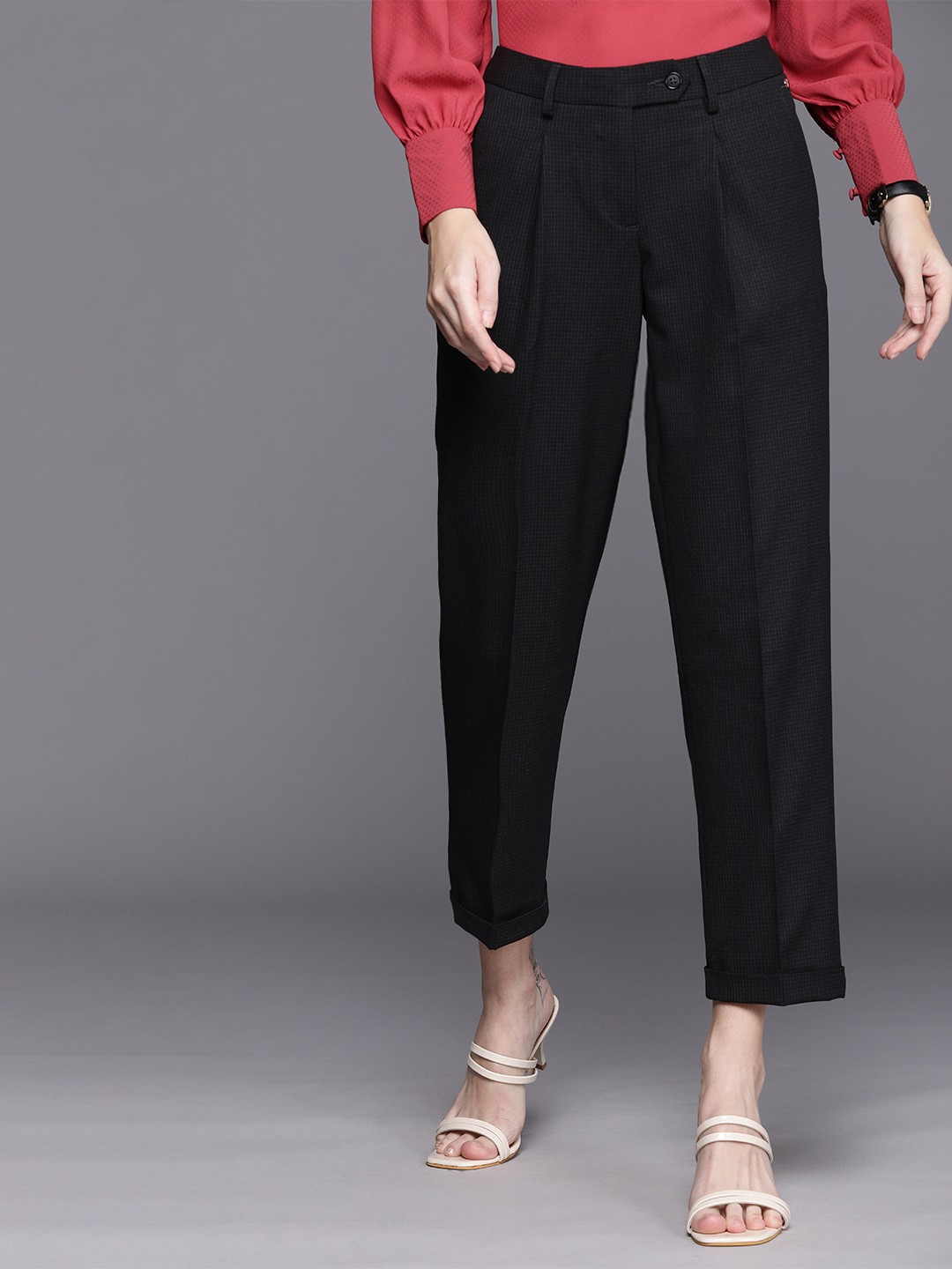 

Allen Solly Woman Women Black Checked High-Rise Pleated Trousers