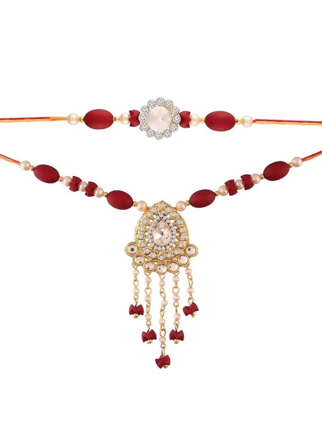 

I Jewels Red Set Of 2 Pearl Studded & Beaded Lumba Rakhi