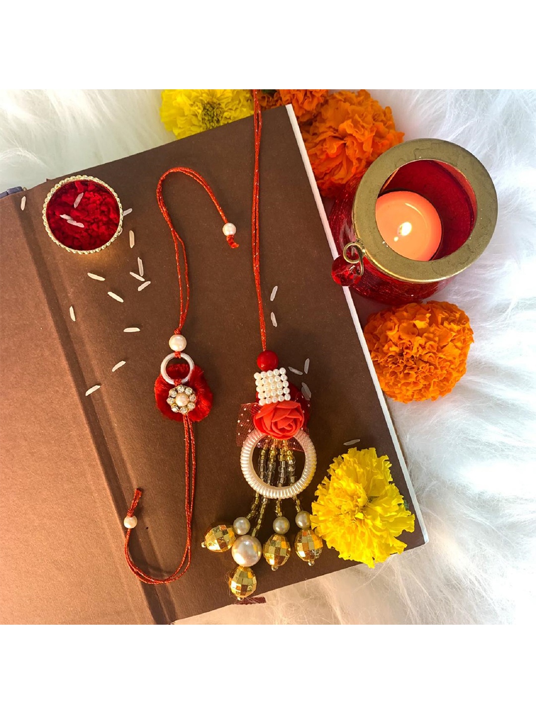 

I Jewels Men Red Set Of 2 Pearl Studded & Beaded Lumba & Rakhi