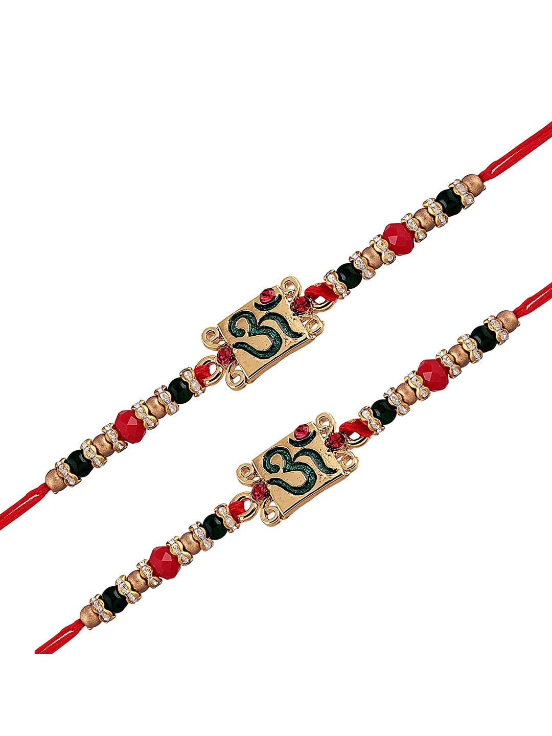 

I Jewels Men Set Of 2 Gold-Toned White & Green Stone-Studded & Pearl Beaded Thread Rakhi