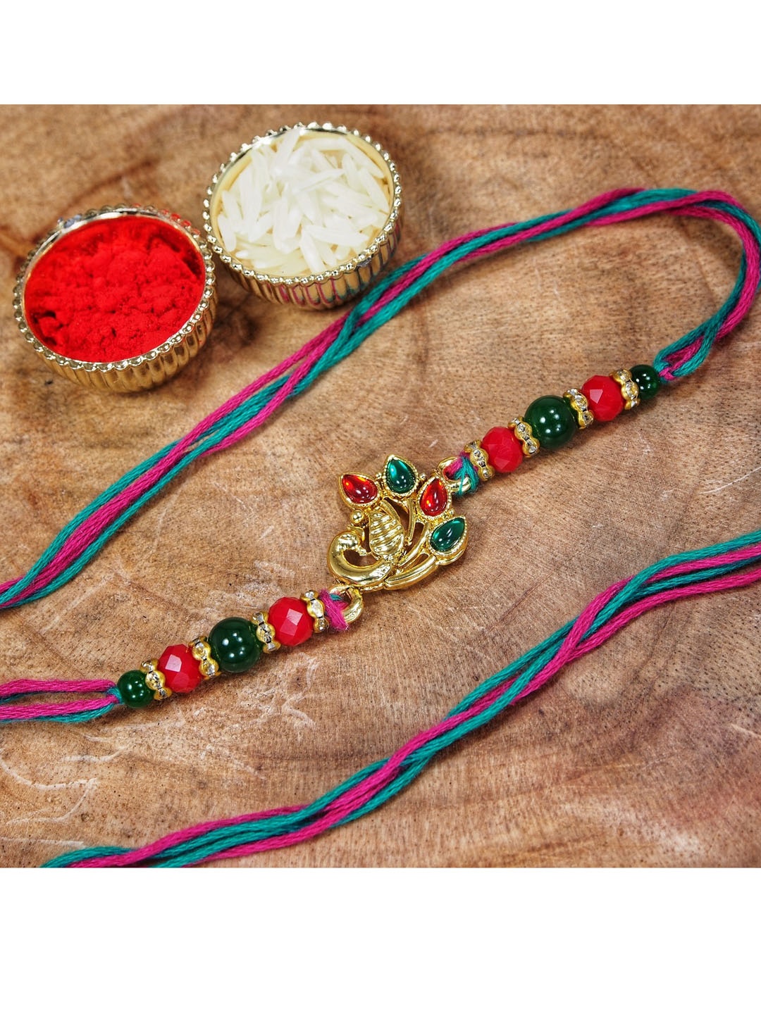 

I Jewels Men Red Stone-Studded Peacock Rakhi With Rolichawal