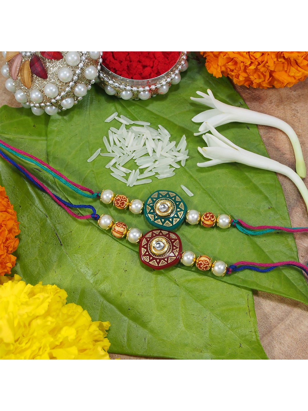 

I Jewels Red Set Of 2 Pearl Studded & Beaded Lumba & Rakhi