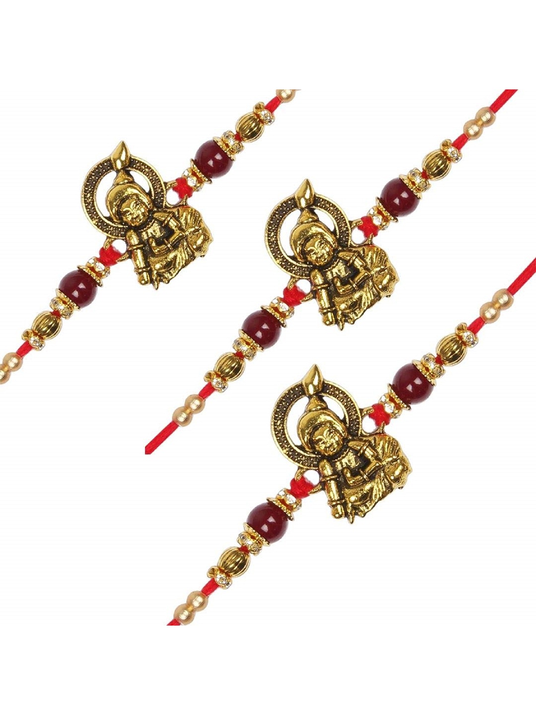 

I Jewels Men Set Of 3 Gold Toned & Maroon Red Pearls Beaded Rakhi