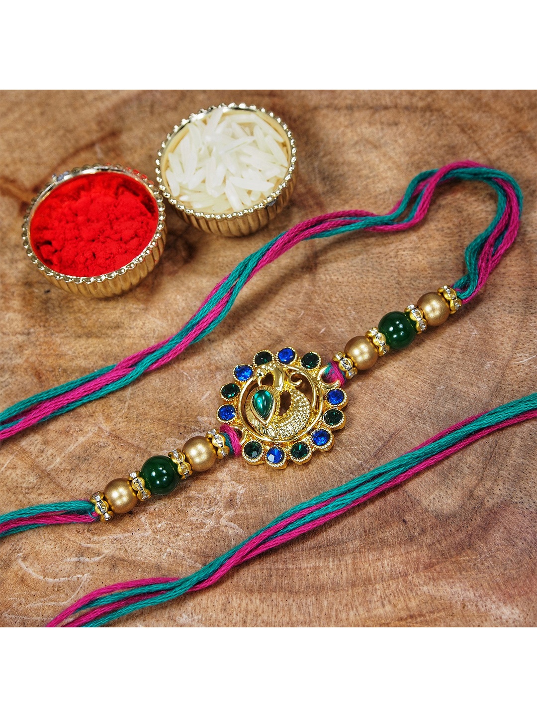 

I Jewels Men Red & Teal Green Threaded & Designer Pearl Rakhi
