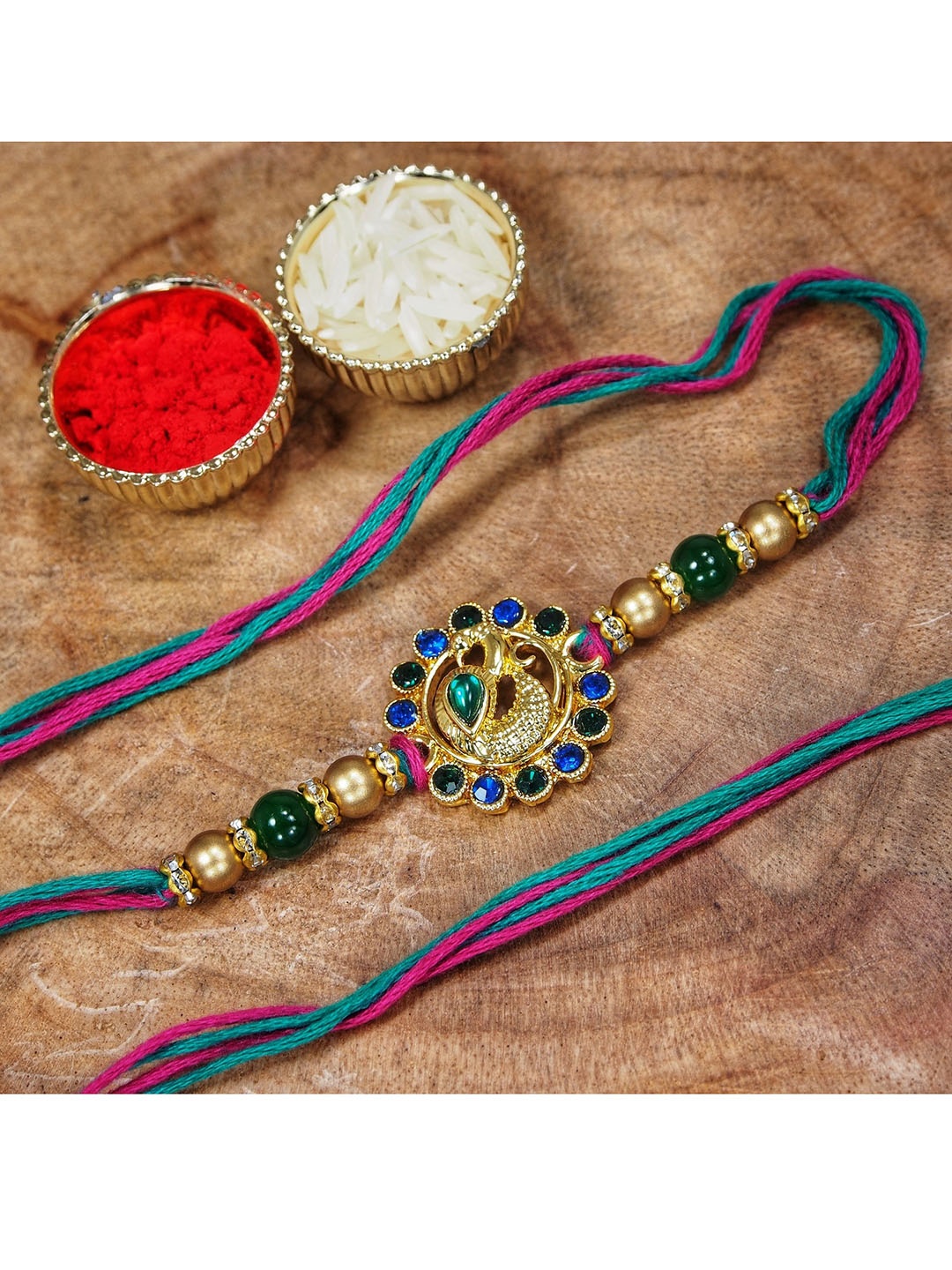

I Jewels Men Set Of 2 Green & Gold-Toned Stone-Studded & Pearl Rakhi With Rolichawal