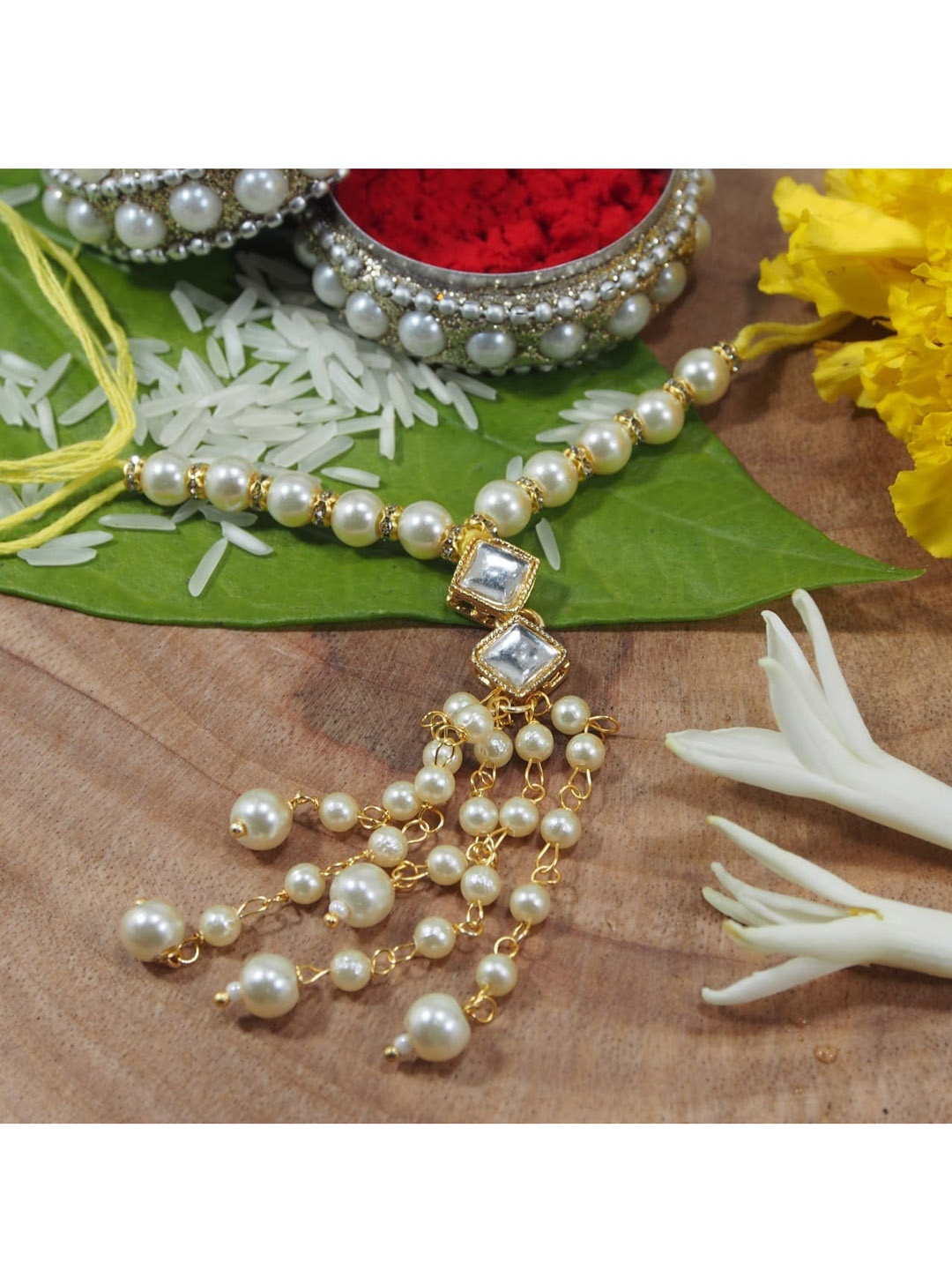 

I Jewels Men White & Gold Stone Studded Lumba Rakhi