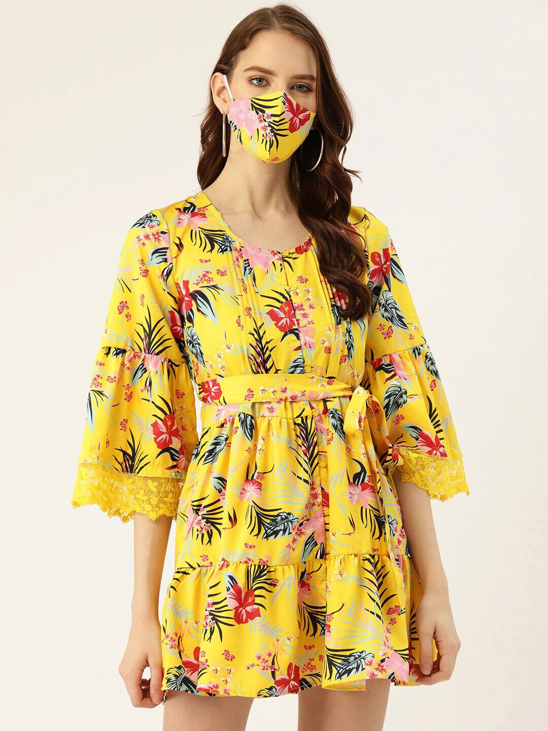 

DressBerry Yellow Floral Crepe Mini Dress