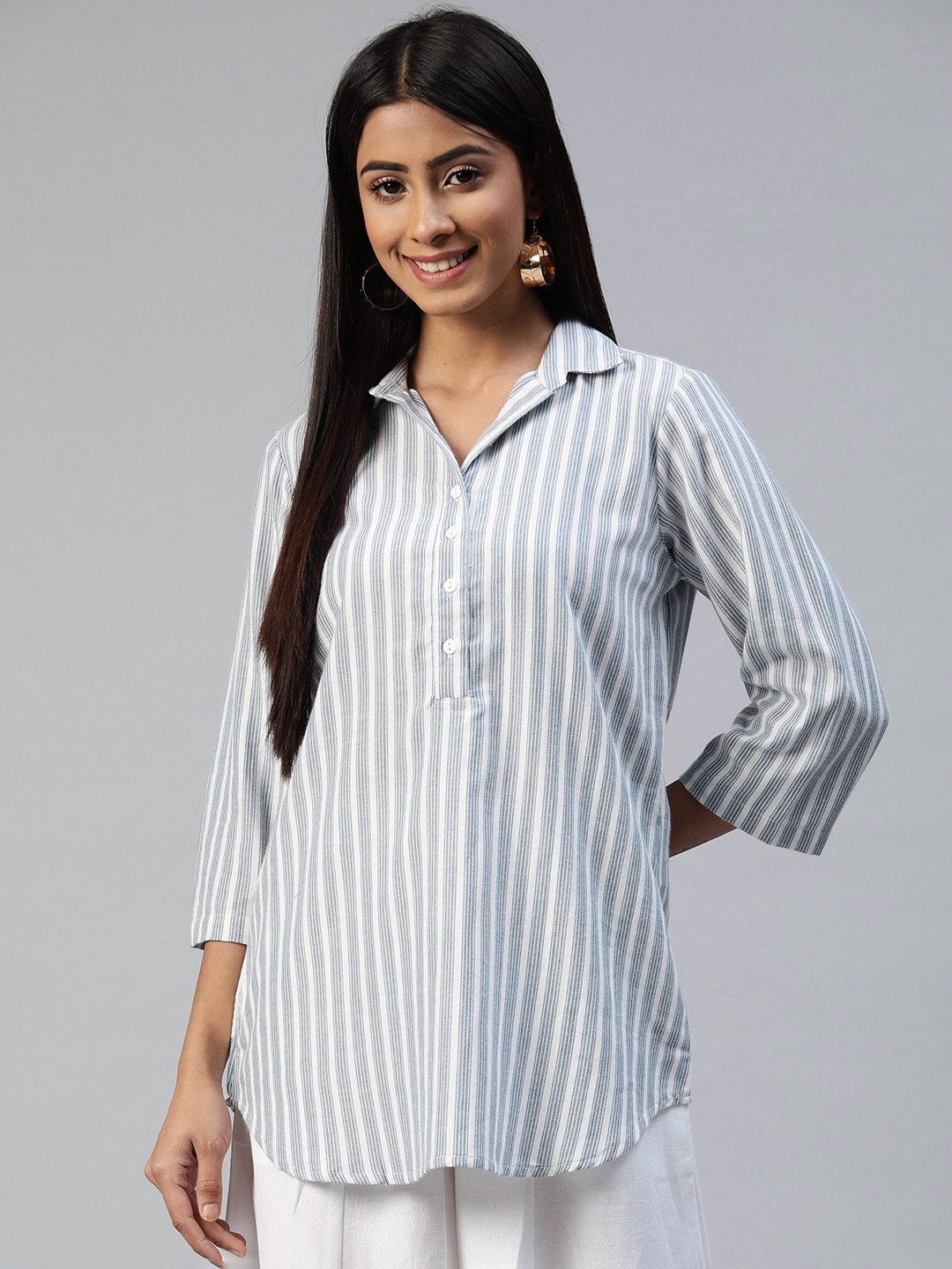 

Ayaany Blue Striped Shirt Style Cotton Longline Top