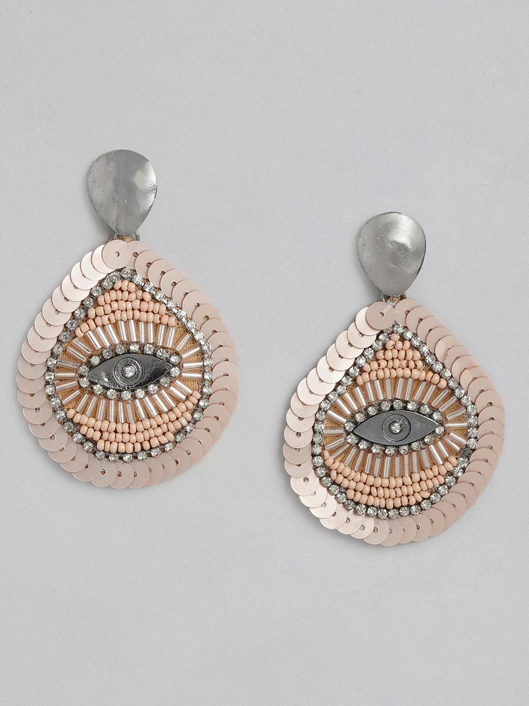 

RICHEERA Peach-Coloured & Silver-Toned Teardrop Shaped Drop Earrings