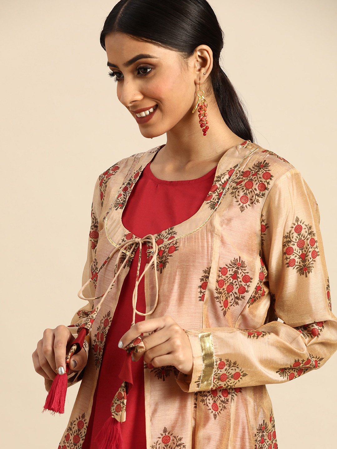 

Sangria Red & Beige Ethnic A-Line Midi Dress with Jacket